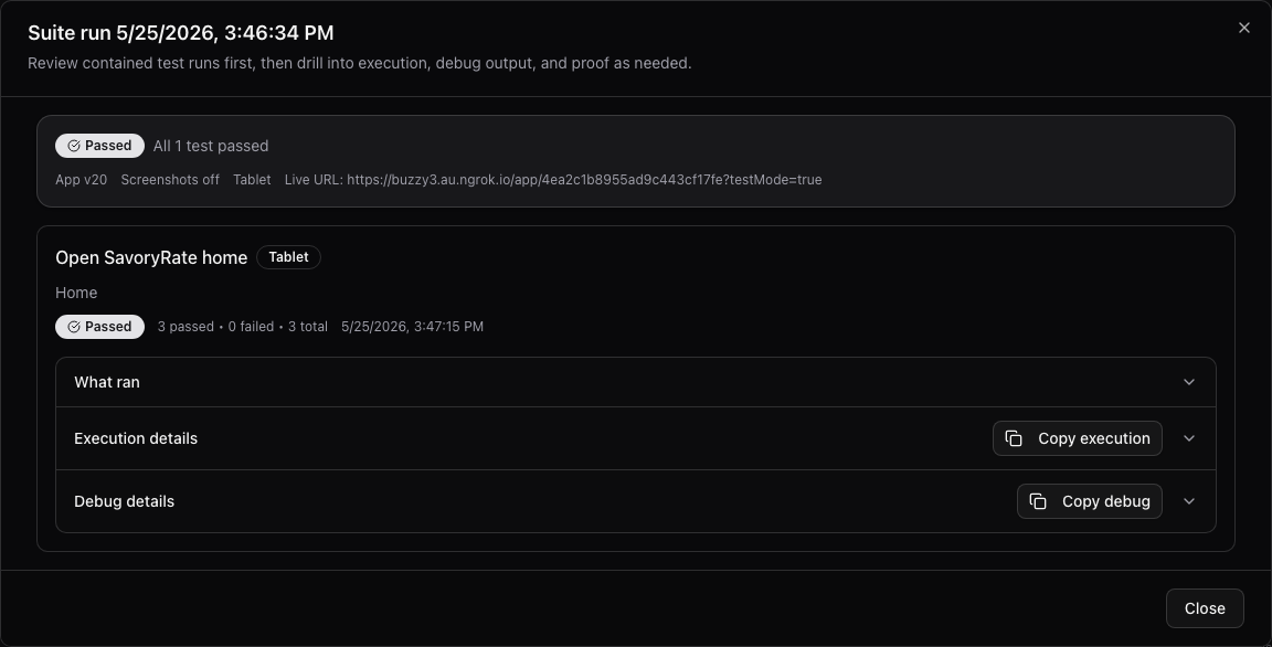 Buzzy suite run detail dialog showing a passed test with What ran, Execution details, and Debug details sections.