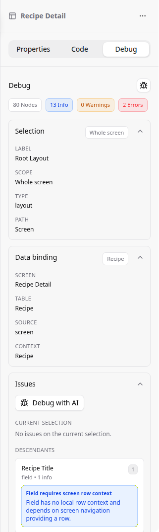 Debug tab showing screen-level issue counts and a descendant issue entry for a review component.