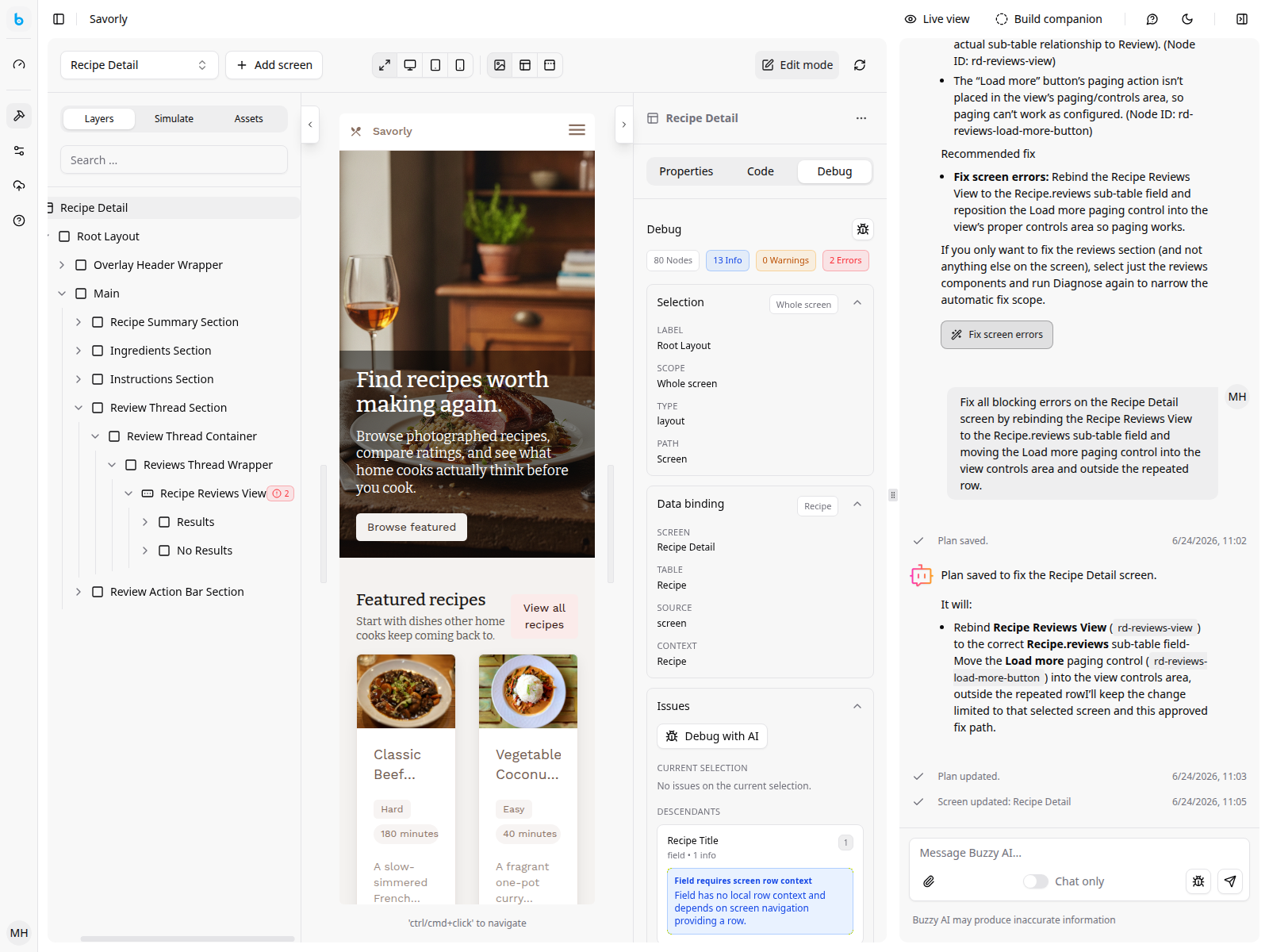 Buzzy workspace editor showing the preview, left navigation, AI chat panel, and the right-hand Debug tab.