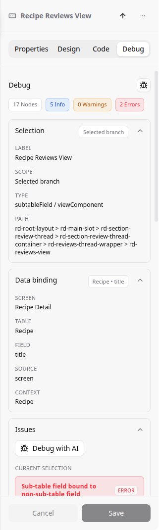 Debug tab focused on a selected review component, showing issue counts, the current selection section, and a Diagnose with AI button.