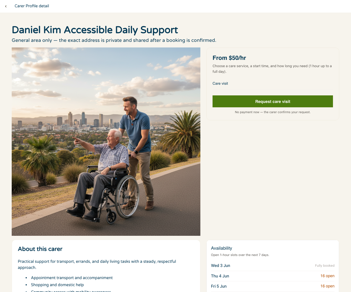 A live CareConnect carer profile detail page
