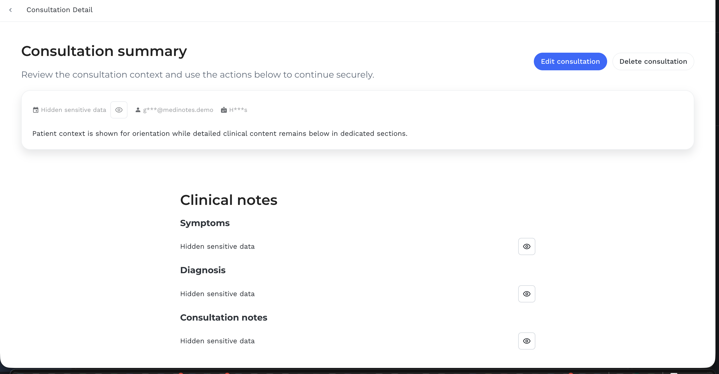 Consultation detail showing hidden sensitive clinical fields with reveal buttons