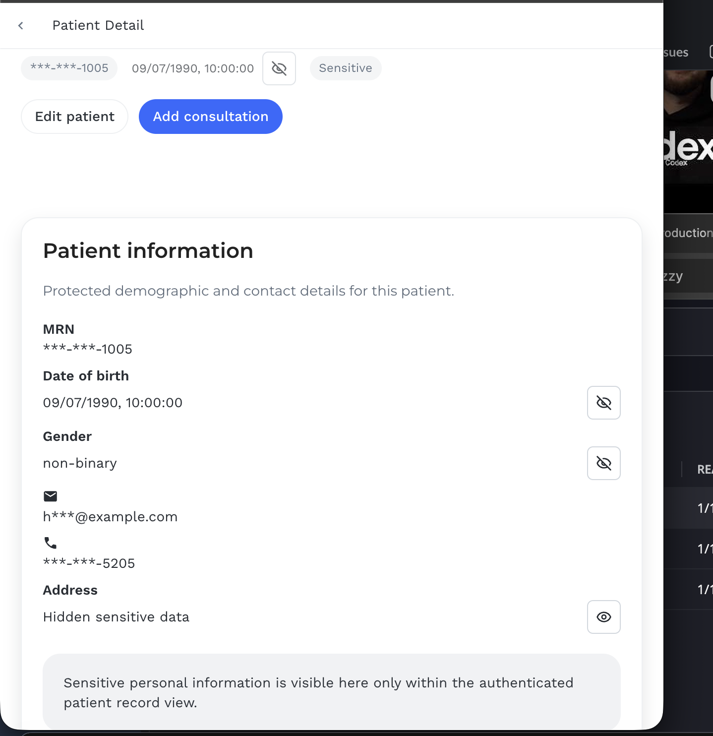 Patient detail screen showing masked basic fields and hidden sensitive fields with reveal controls