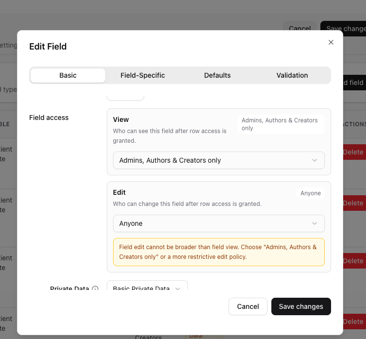 Field edit warning when edit access is broader than view access