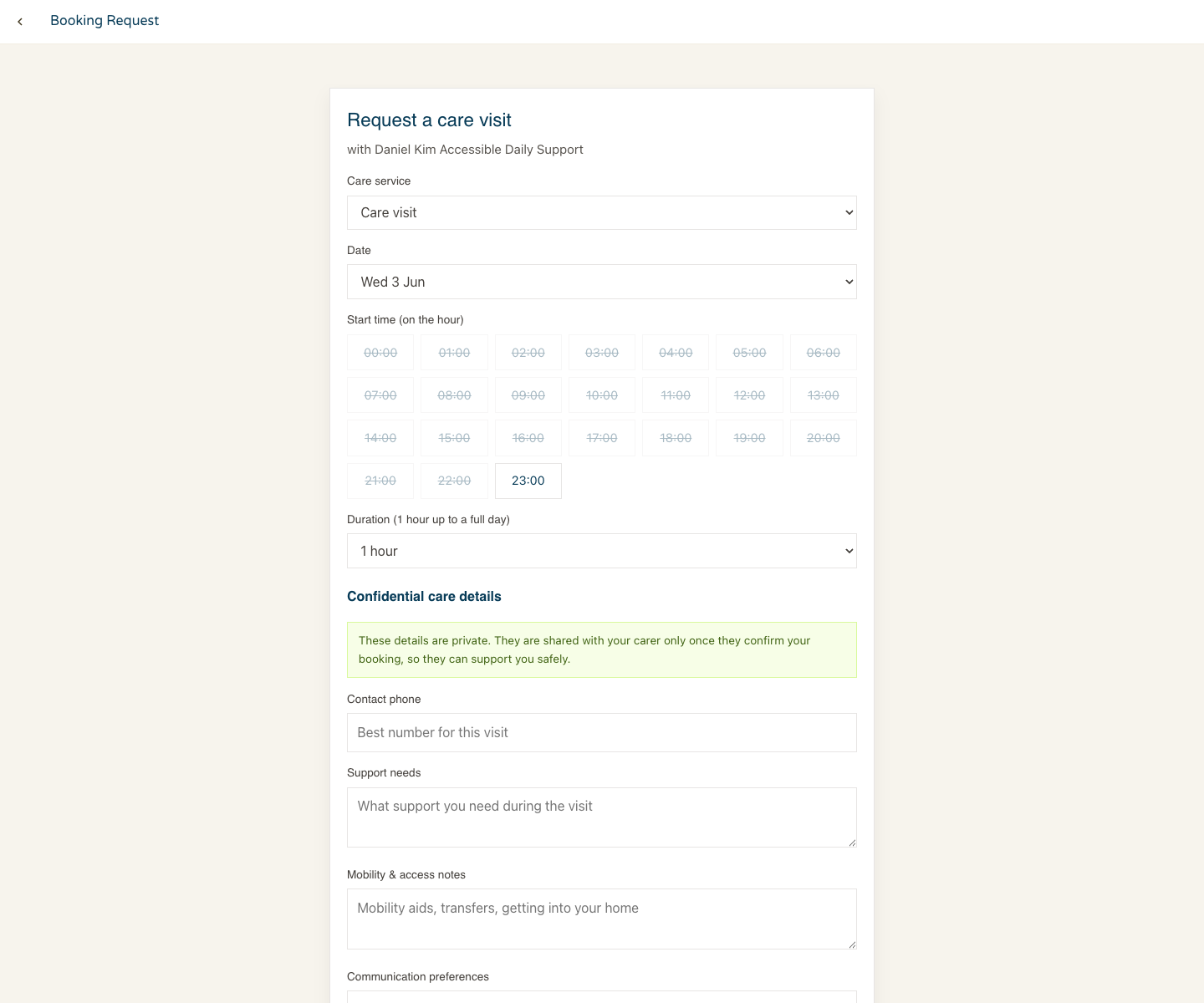 The CareConnect care-visit booking request panel
