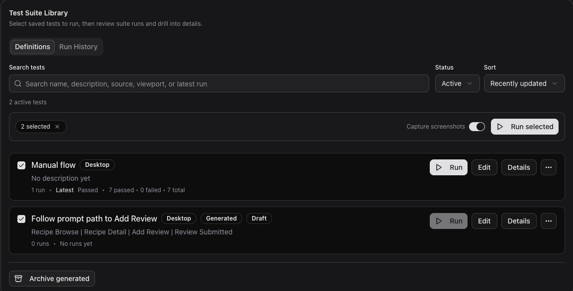 Buzzy Test Suite Library with two saved tests selected and Run selected visible.