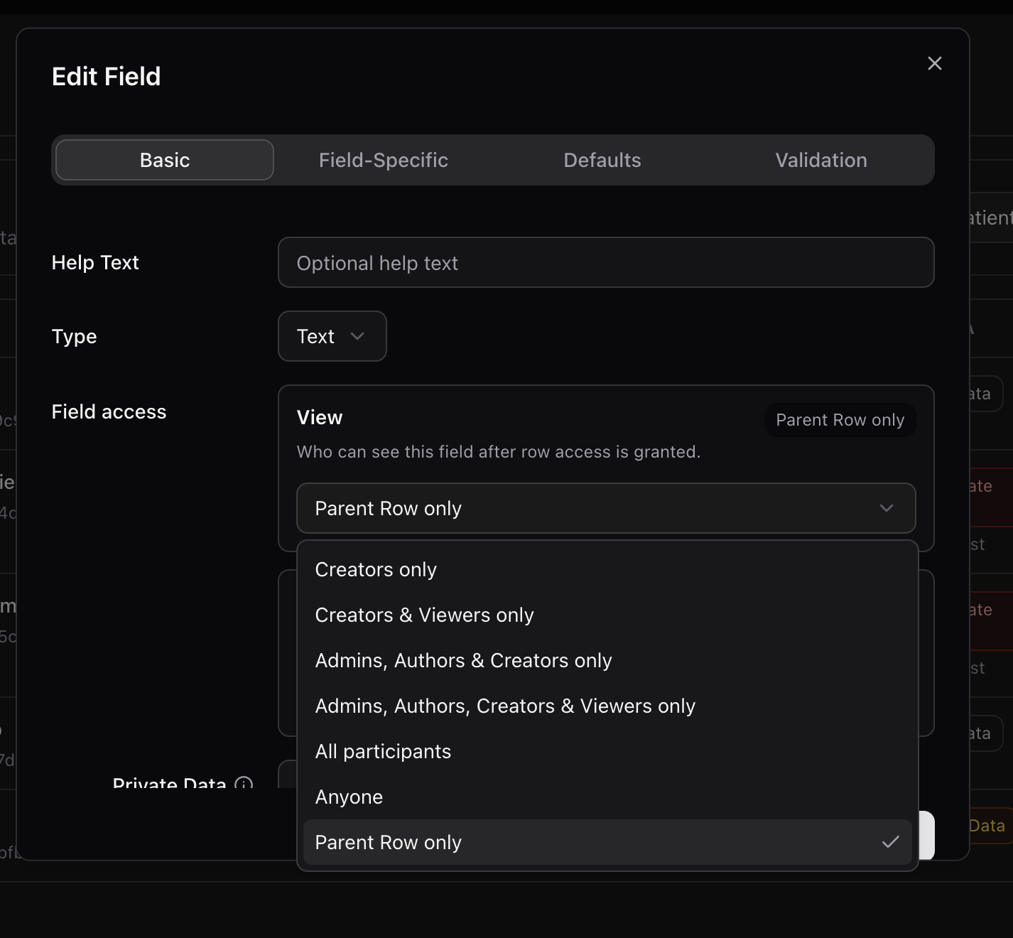Field view dropdown showing access policy options